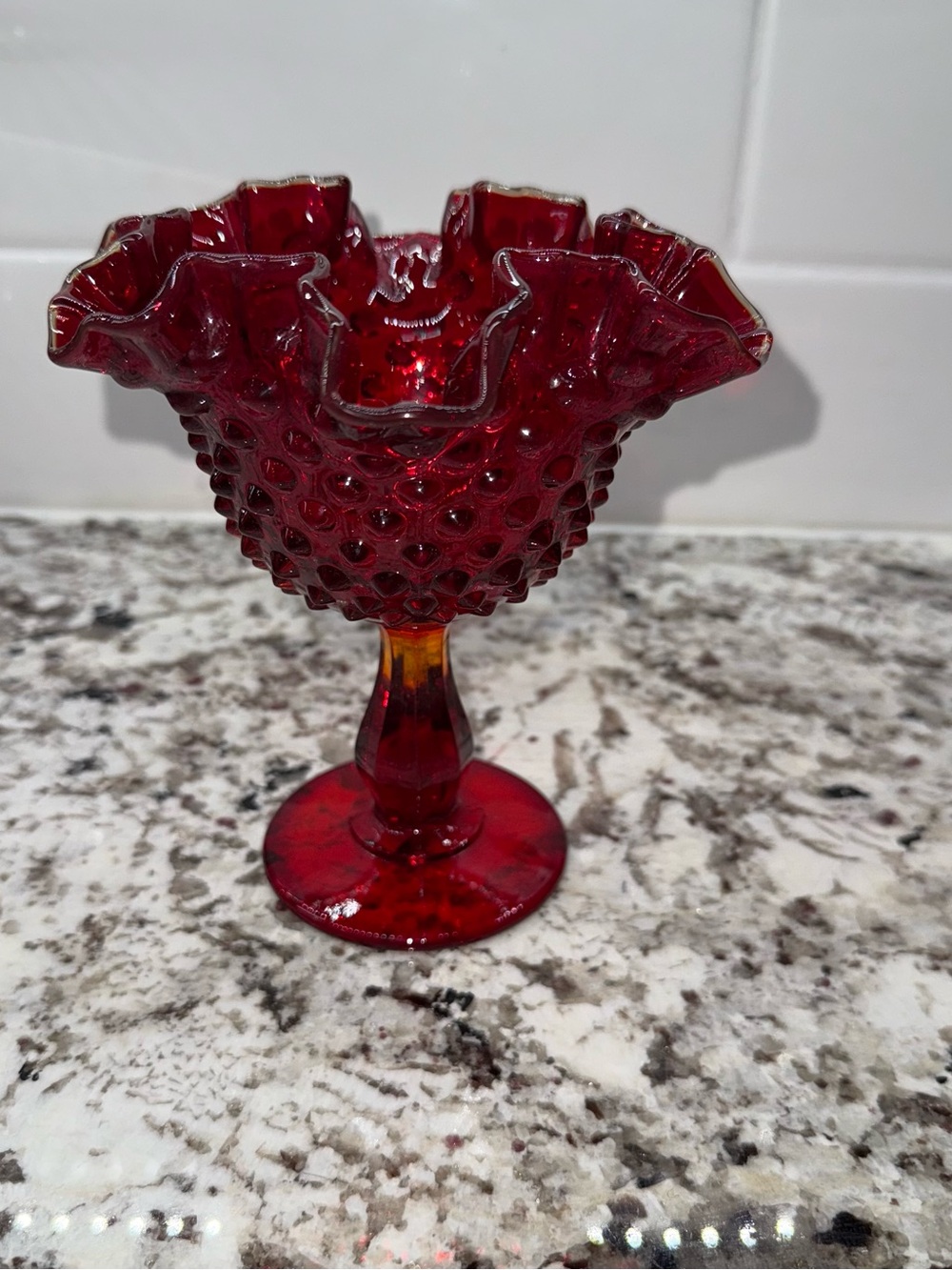 Red Hobnail Glass Compote Vase - Fenton Amberina Glows